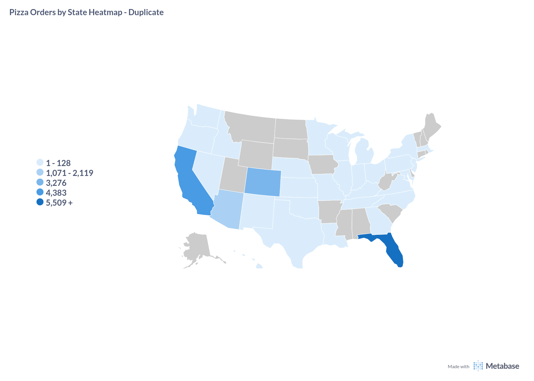 Heatmap showing high-demand delivery states for pizza franchise expansion planning